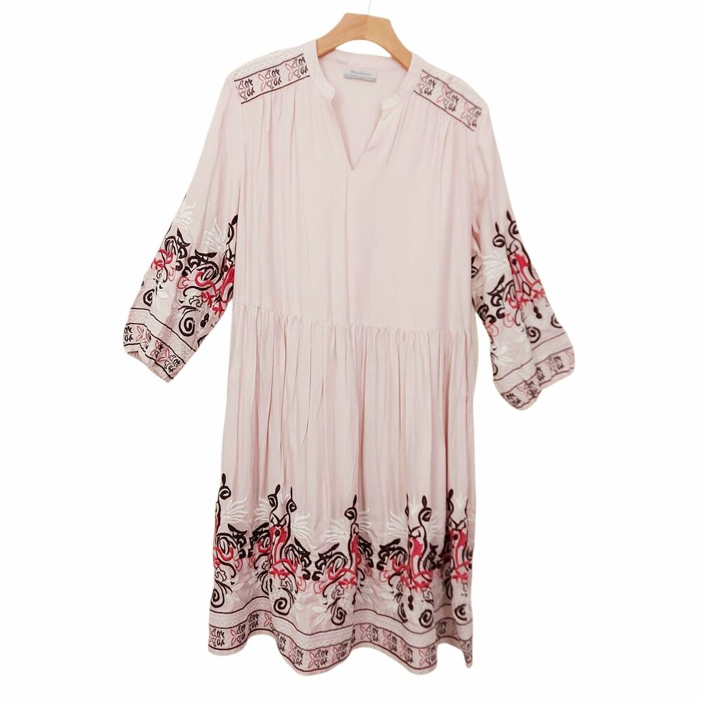 World Market Midi Dress Womens L/XL Rose Pleated Embroidered Y2K Boho Hippie